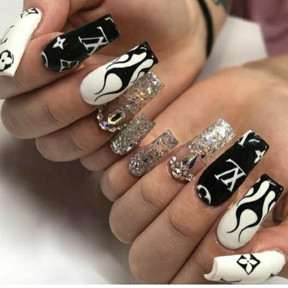 Handmade Hard Gel XL Coffin "Louie Vuitton" Theme Luxury Press On Nails